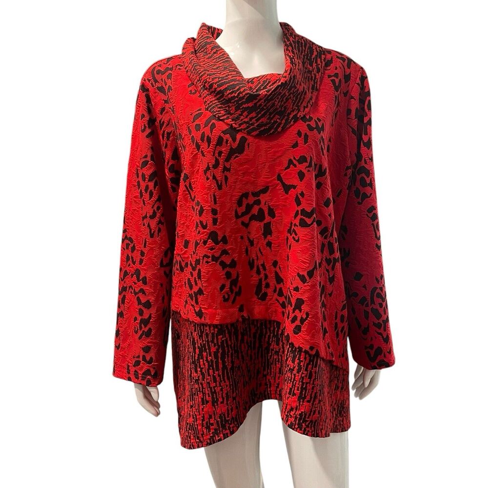 Ali Miles Abstract Cowl Neck Blouse 1X Shirt Too Bed Black Long Sleeve
